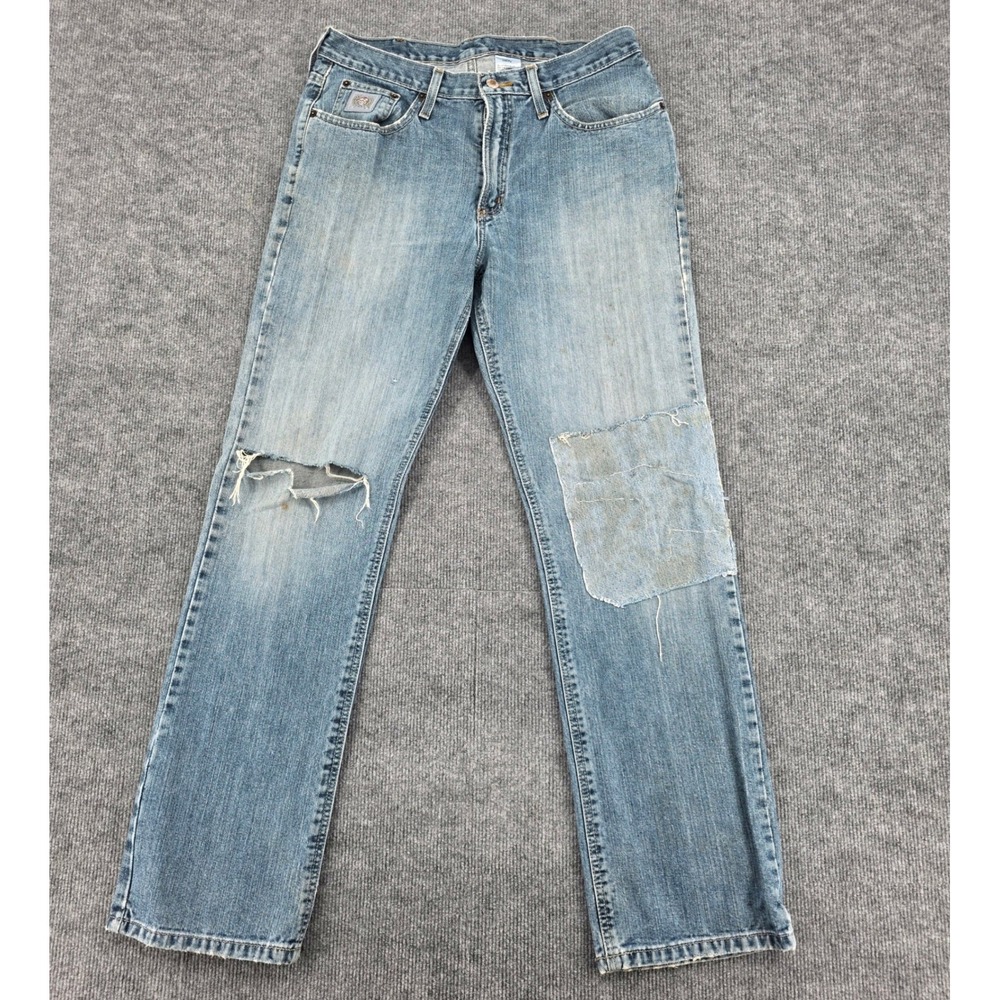 Cinch Green Label Mens 32x31 Distressed Patched Straight Leg Jeans Light Wash